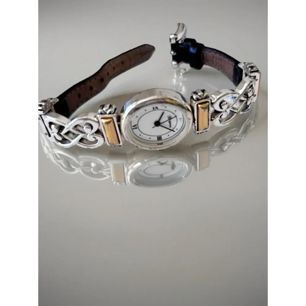 Brighton CHAMPAGNE Silver/Gold Tone Oval Face Black Band New Battery Comes Tin